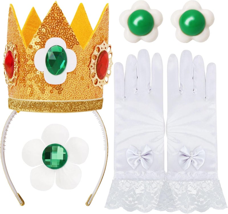 ICECUTE 4 PCS Princess Crown Accessories Kit,Incl. Flower Crown/Brooch/Earring/Glove,Dress Up Accessories for Women Gold - Image 1